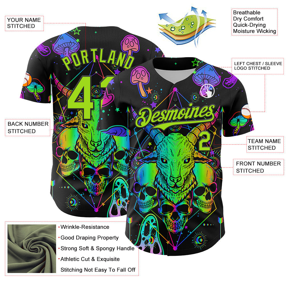 Custom Black Neon Green 3D Pattern Design Trippy Magic Mushrooms Goat Skull Authentic Baseball Jersey baseball jersey product view 3