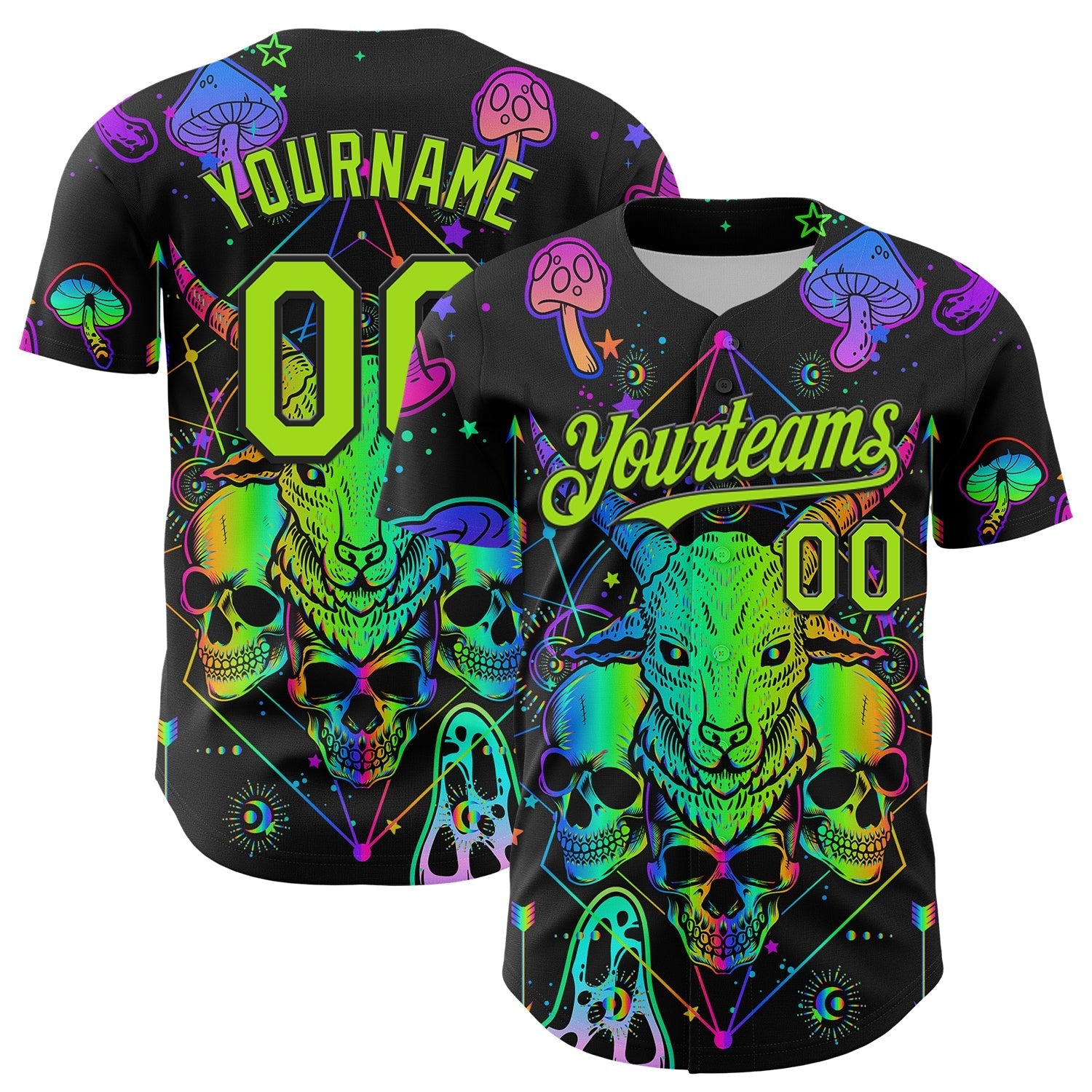 Custom Black Neon Green 3D Pattern Design Trippy Magic Mushrooms Goat Skull Authentic Baseball Jersey baseball jersey product view 1