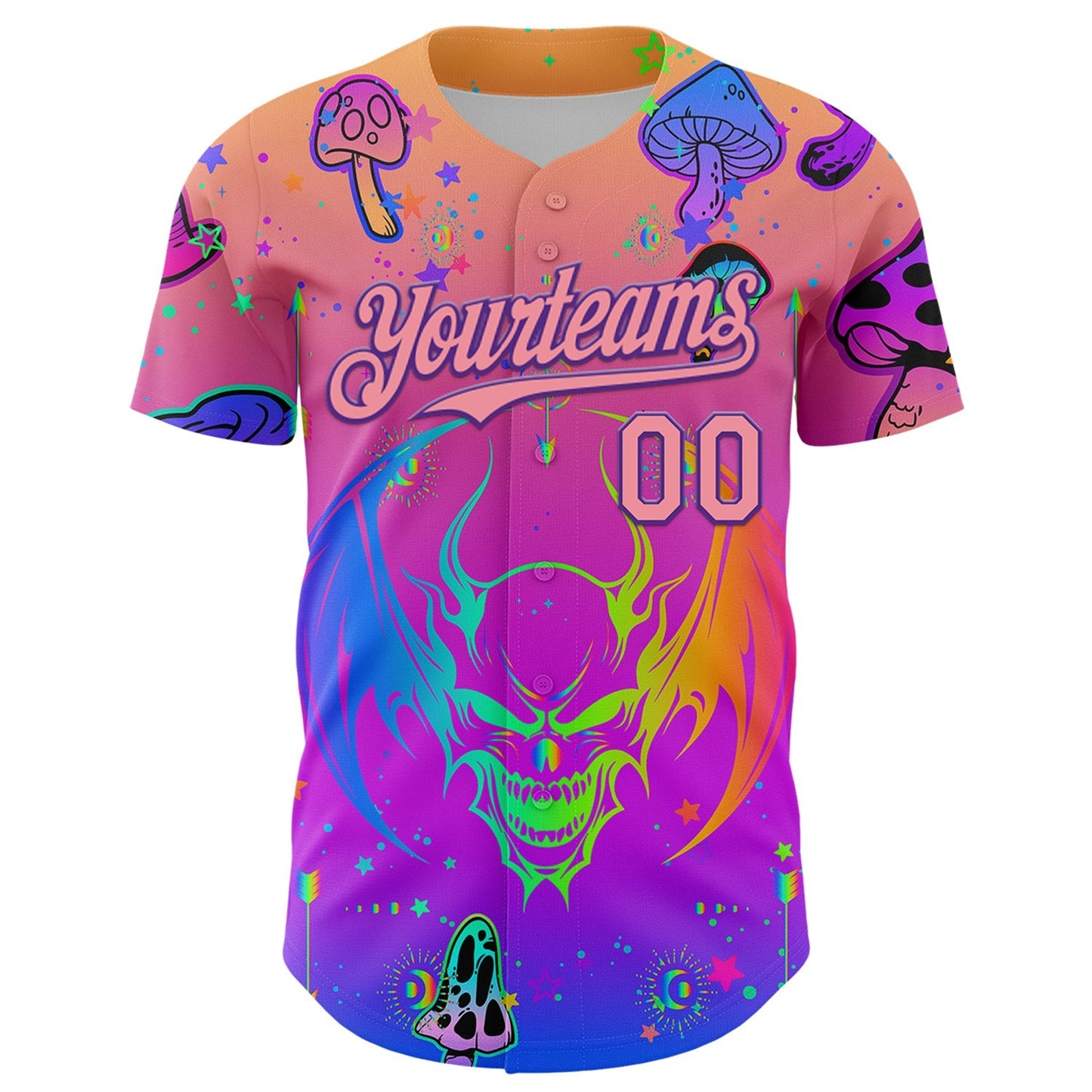 Custom Pink Medium Pink-Purple 3D Pattern Design Trippy Magic Mushrooms Dragon Authentic Baseball Jersey baseball jersey product view 2