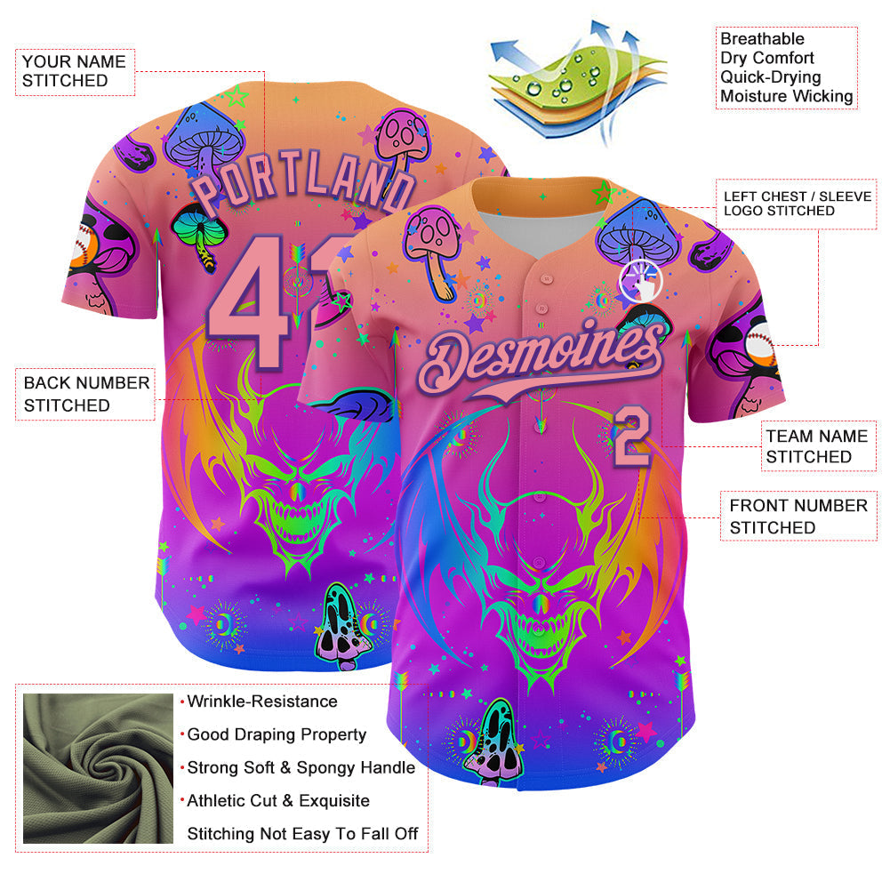 Custom Pink Medium Pink-Purple 3D Pattern Design Trippy Magic Mushrooms Dragon Authentic Baseball Jersey baseball jersey product view 3