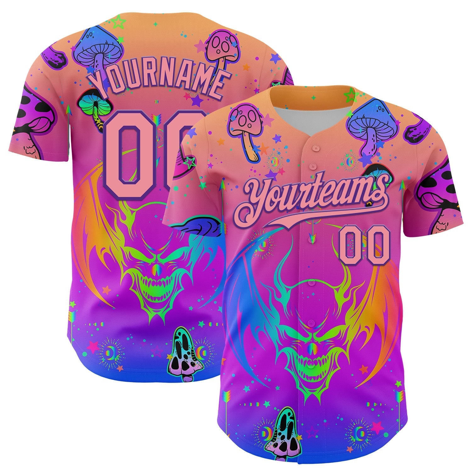 Custom Pink Medium Pink-Purple 3D Pattern Design Trippy Magic Mushrooms Dragon Authentic Baseball Jersey baseball jersey product view 1
