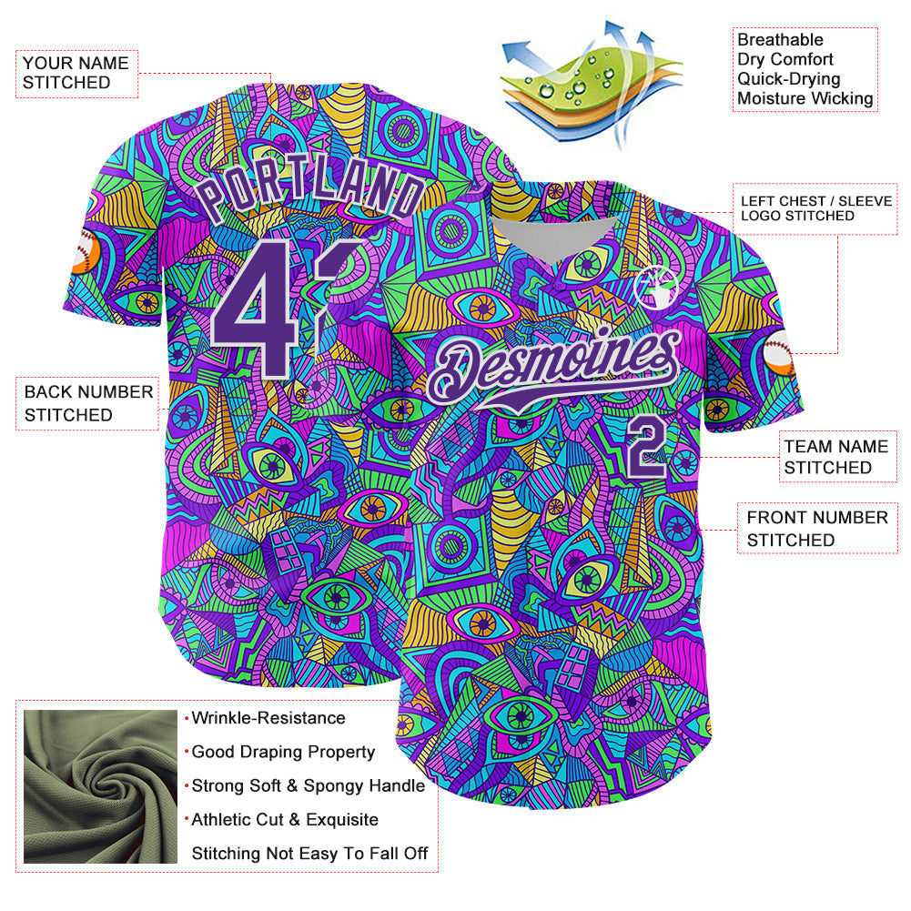 Custom Purple White 3D Pattern Design Trippy Psychedelic Eyes Authentic Baseball Jersey baseball jersey product view 3