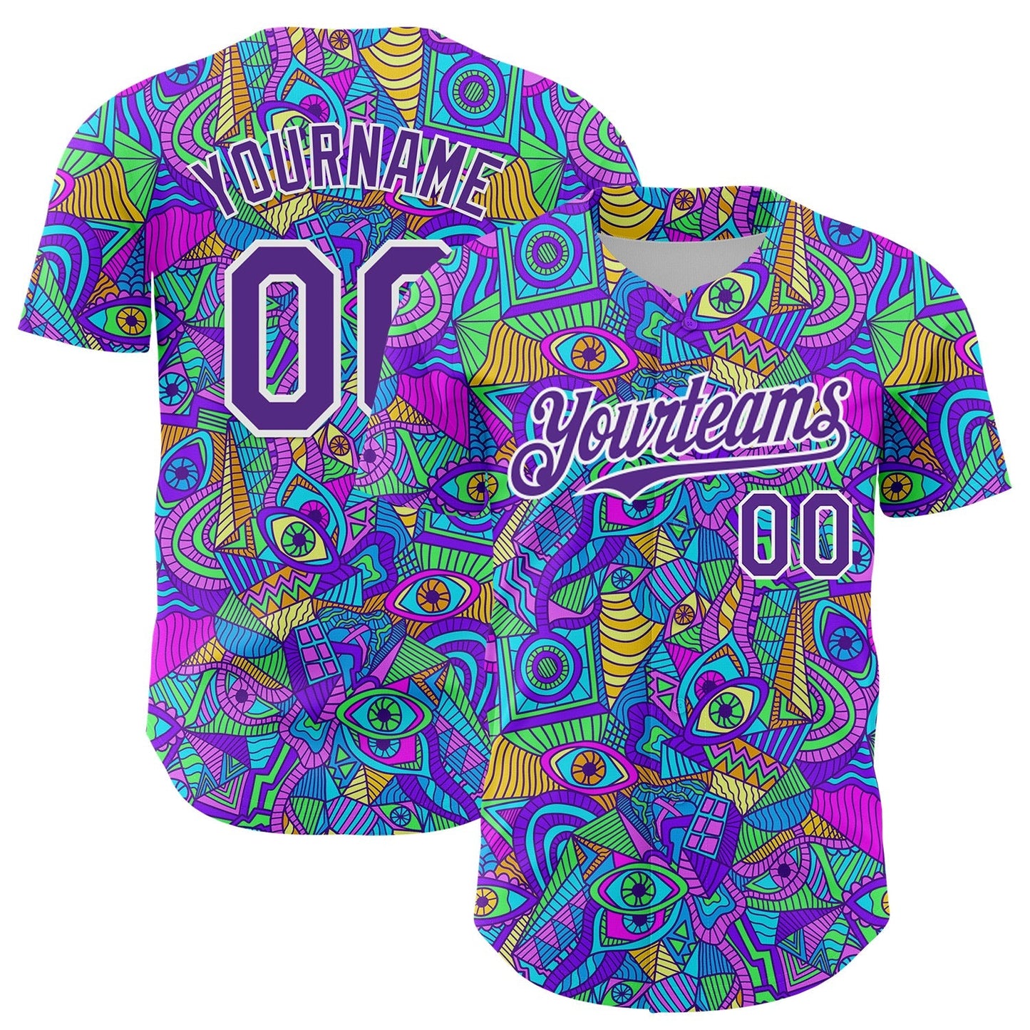 Custom Purple White 3D Pattern Design Trippy Psychedelic Eyes Authentic Baseball Jersey baseball jersey product view 1