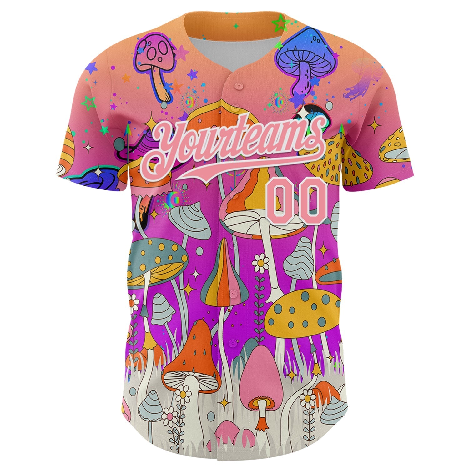 Custom Pink Medium Pink Purple-White 3D Pattern Design Trippy Magic Mushrooms Hippie Authentic Baseball Jersey baseball jersey product view 2
