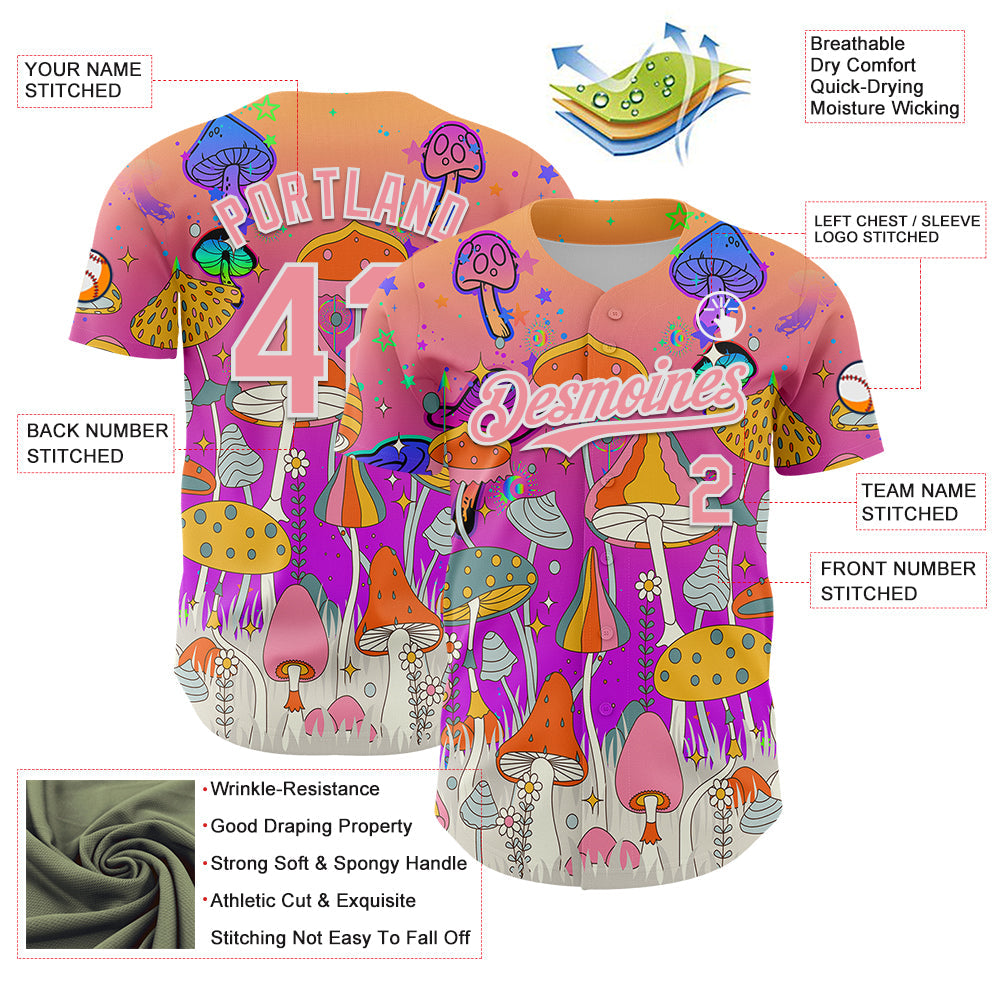 Custom Pink Medium Pink Purple-White 3D Pattern Design Trippy Magic Mushrooms Hippie Authentic Baseball Jersey baseball jersey product view 3