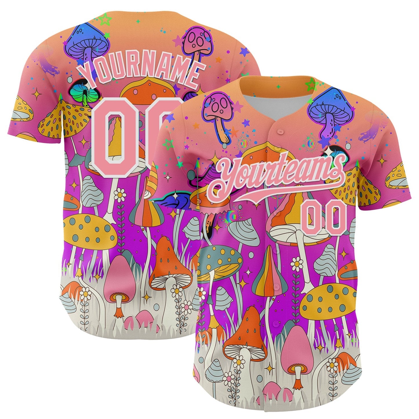 Custom Pink Medium Pink Purple-White 3D Pattern Design Trippy Magic Mushrooms Hippie Authentic Baseball Jersey baseball jersey product view 1
