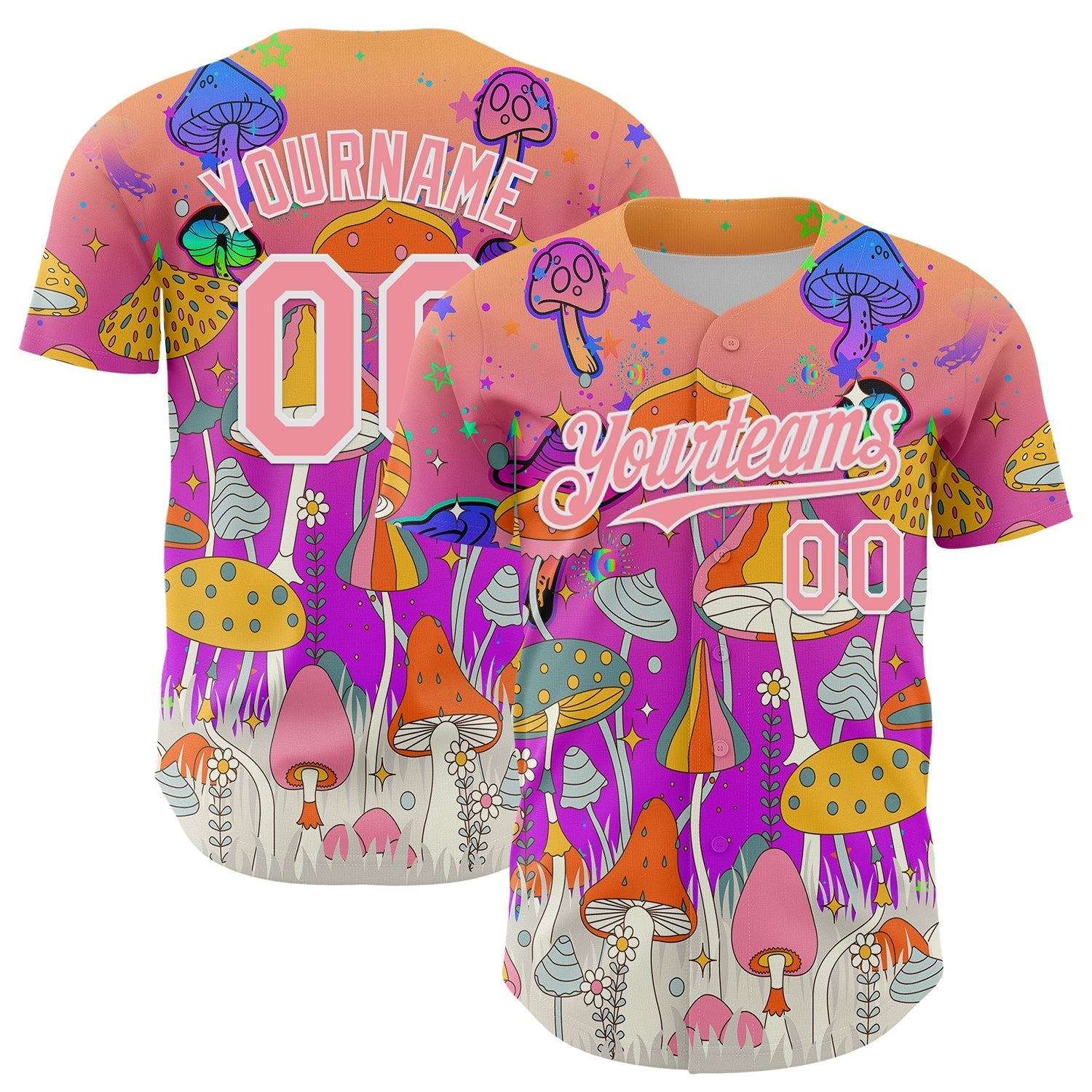 Custom Pink Medium Pink Purple-White 3D Pattern Design Trippy Magic Mushrooms Hippie Authentic Baseball Jersey baseball jersey product view 1