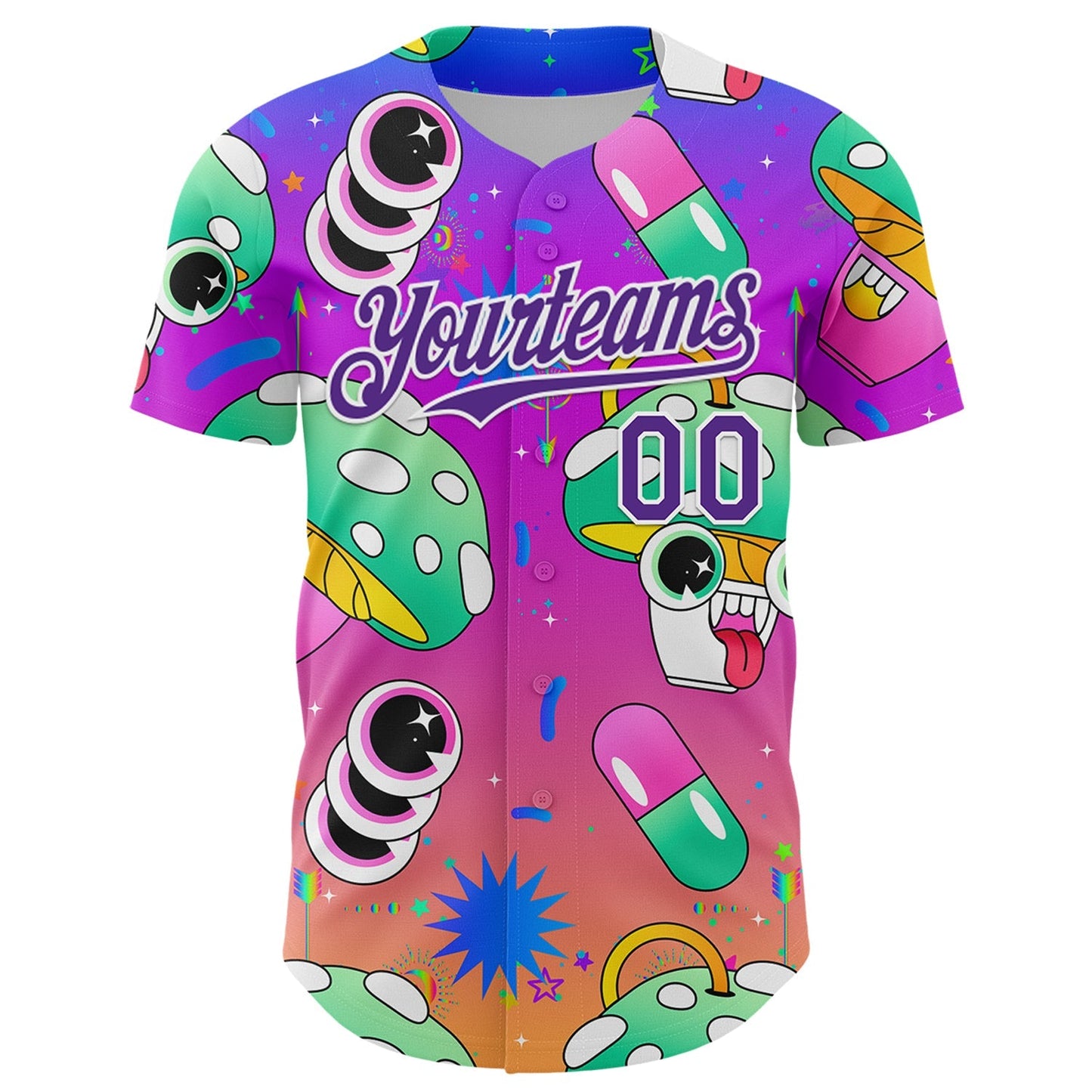 Custom Purple White 3D Pattern Design Trippy Psychedelic Magic Mushrooms Authentic Baseball Jersey baseball jersey product view 2