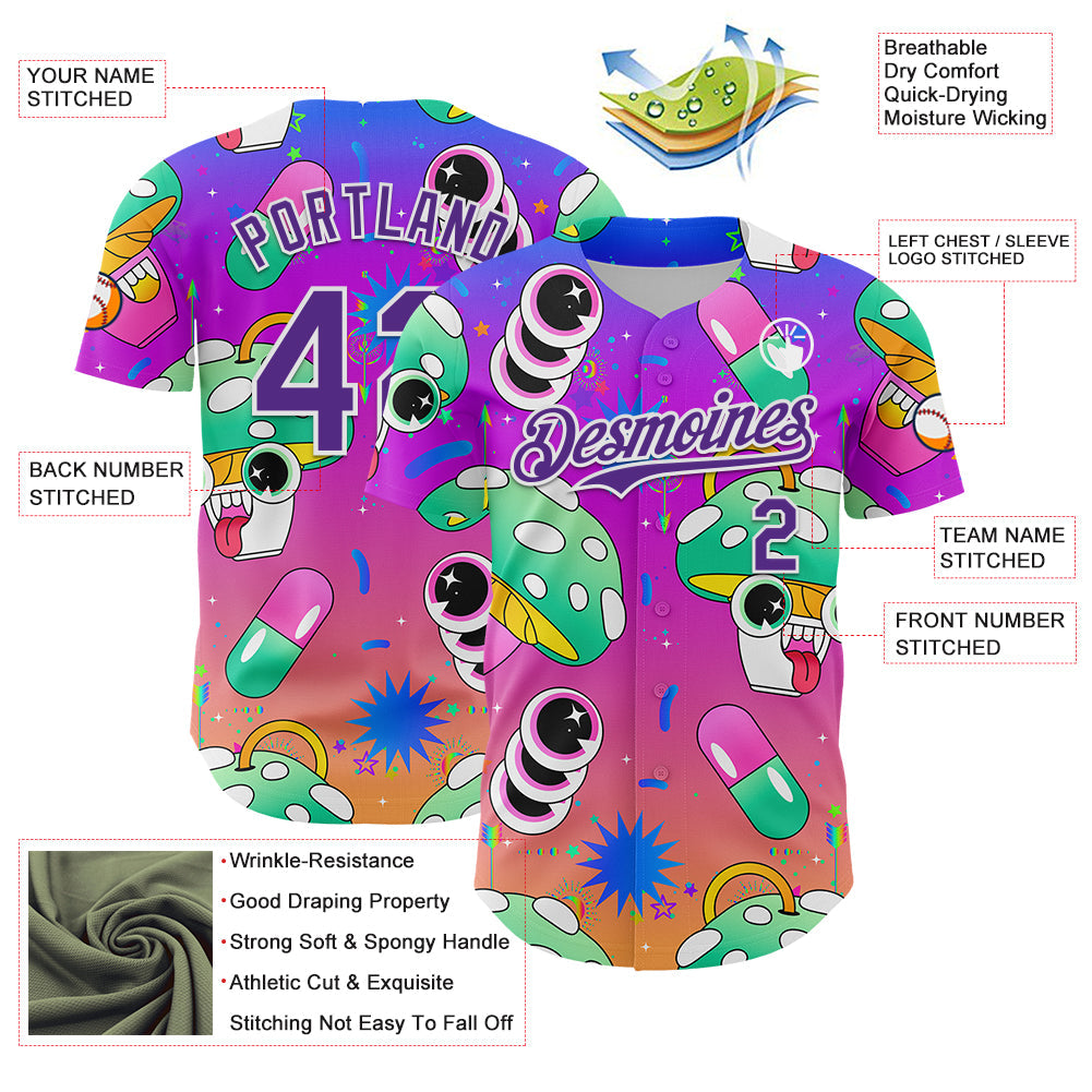 Custom Purple White 3D Pattern Design Trippy Psychedelic Magic Mushrooms Authentic Baseball Jersey baseball jersey product view 3