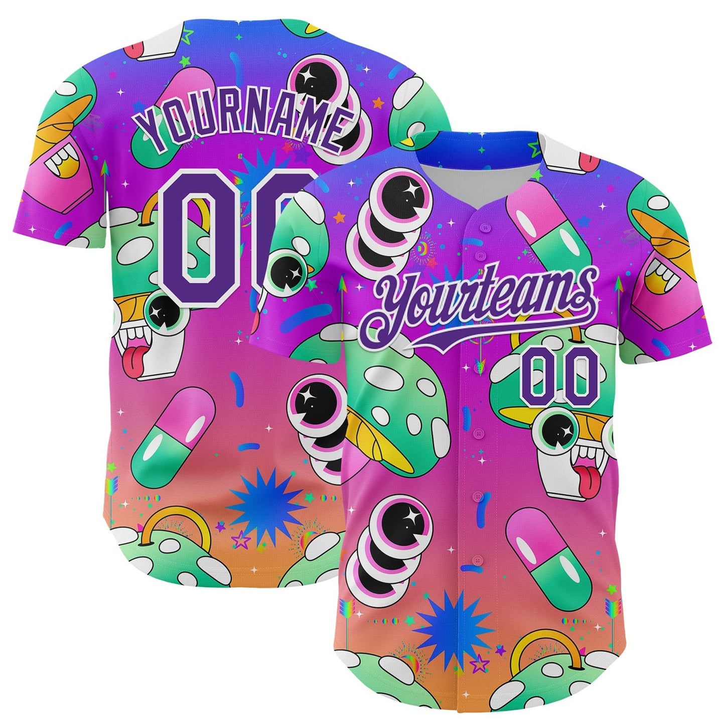 Custom Purple White 3D Pattern Design Trippy Psychedelic Magic Mushrooms Authentic Baseball Jersey baseball jersey product view 1