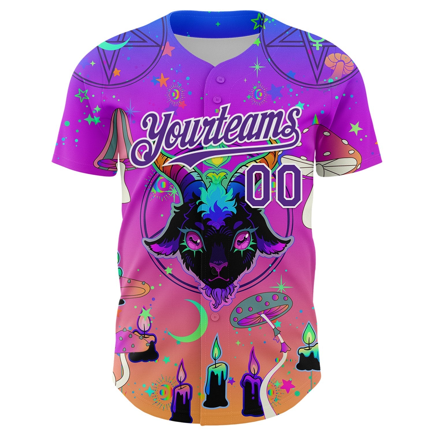 Custom Purple White 3D Pattern Design Trippy Magic Mushrooms Devil Authentic Baseball Jersey baseball jersey product view 2