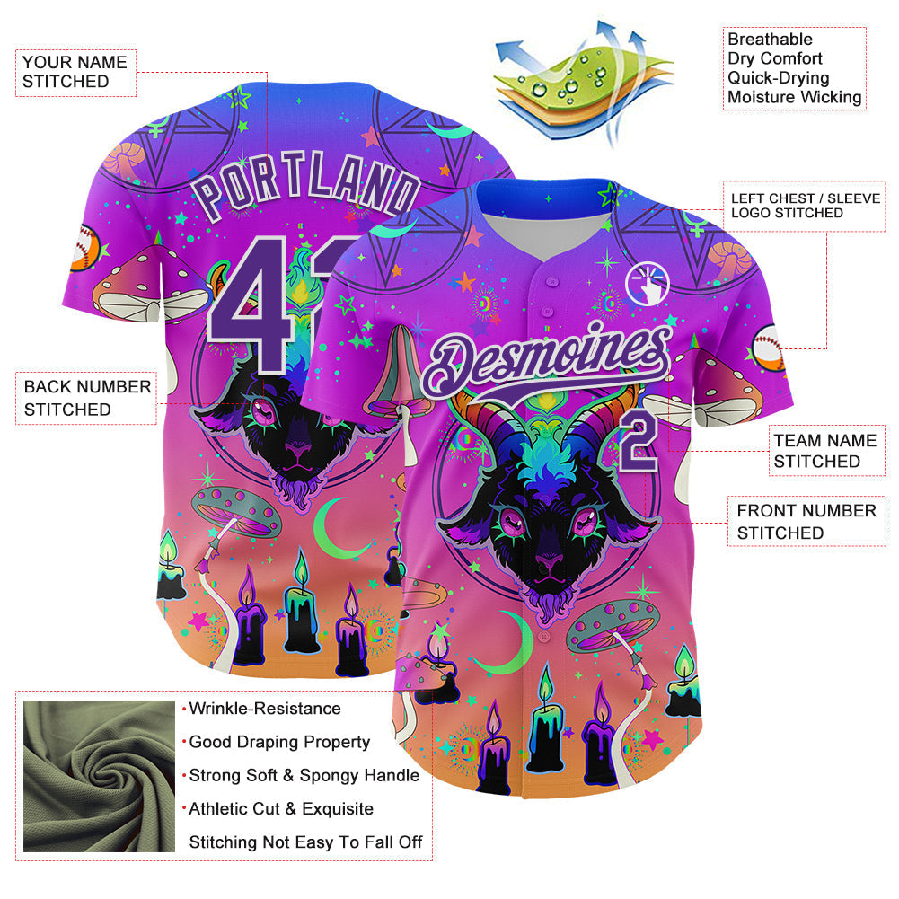 Custom Purple White 3D Pattern Design Trippy Magic Mushrooms Devil Authentic Baseball Jersey baseball jersey product view 3