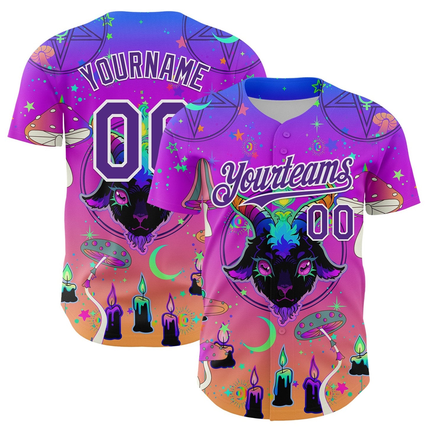 Custom Purple White 3D Pattern Design Trippy Magic Mushrooms Devil Authentic Baseball Jersey baseball jersey product view 1