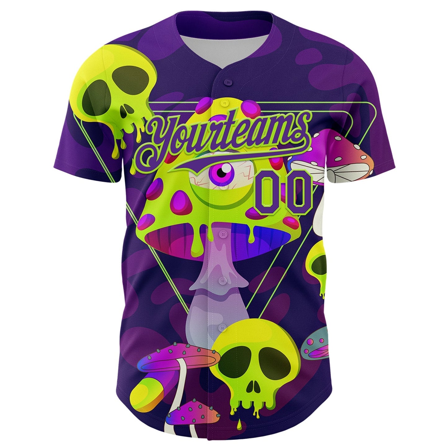 Custom Black Purple-Neon Green 3D Pattern Design Trippy Magic Mushrooms Skull Authentic Baseball Jersey baseball jersey product view 2