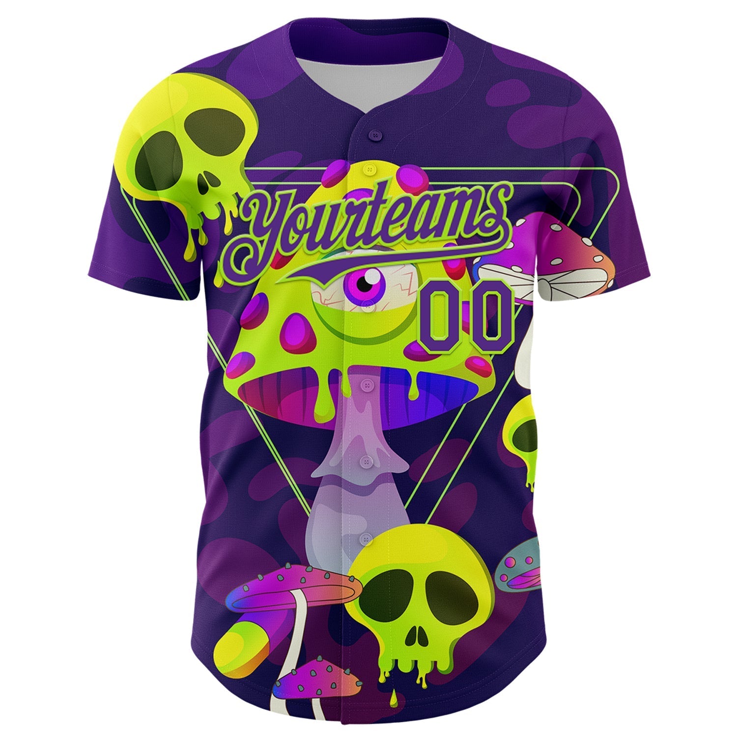 Custom Black Purple-Neon Green 3D Pattern Design Trippy Magic Mushrooms Skull Authentic Baseball Jersey baseball jersey product view 2