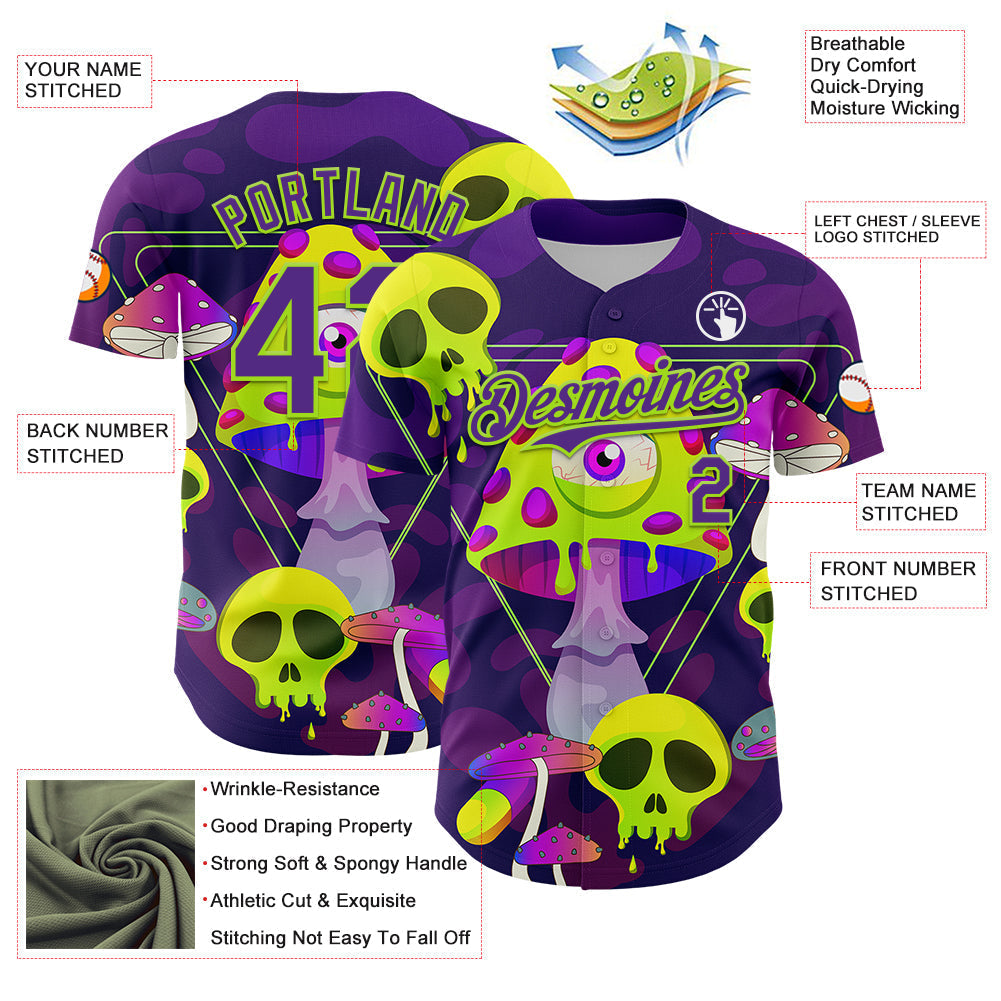 Custom Black Purple-Neon Green 3D Pattern Design Trippy Magic Mushrooms Skull Authentic Baseball Jersey baseball jersey product view 3