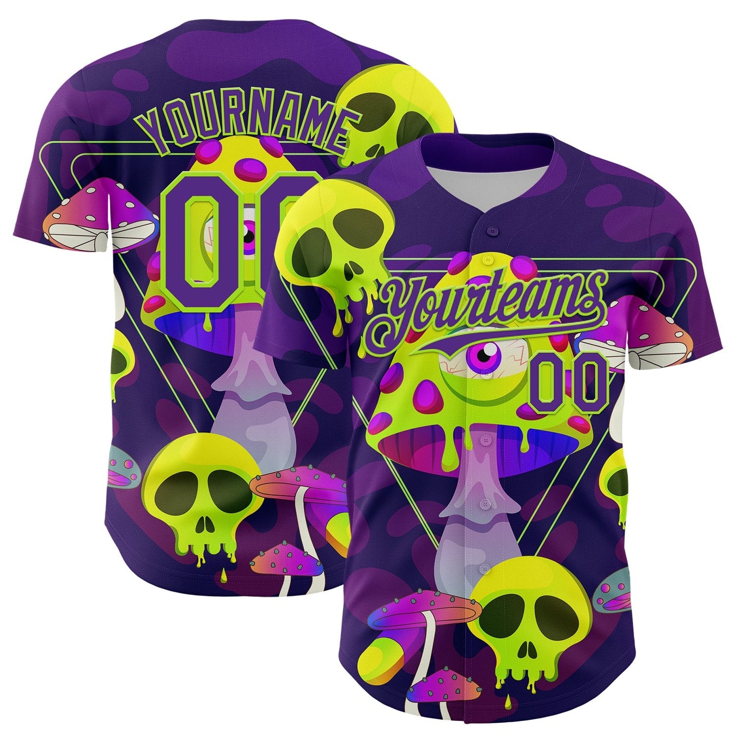 Custom Black Purple-Neon Green 3D Pattern Design Trippy Magic Mushrooms Skull Authentic Baseball Jersey baseball jersey product view 1