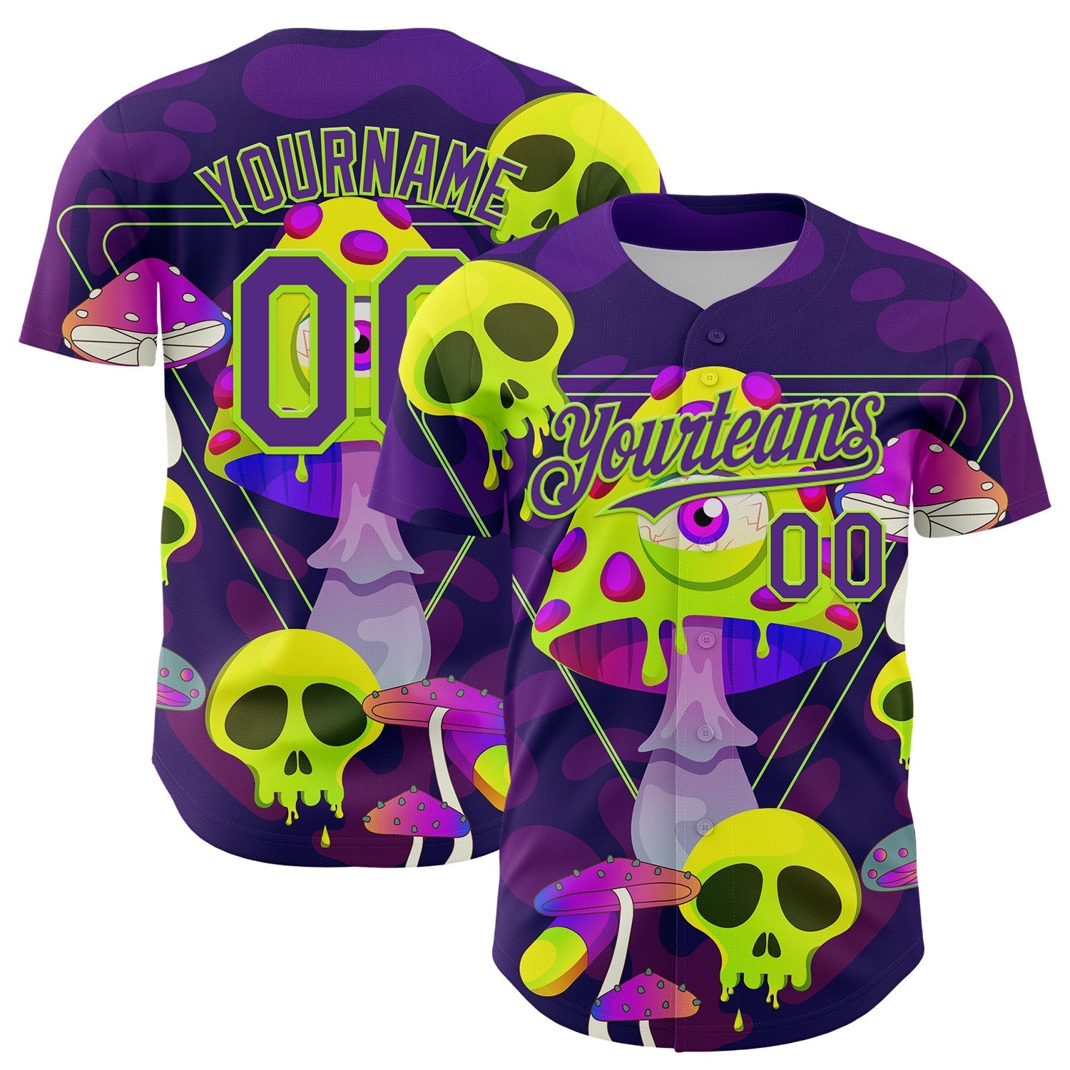 Custom Black Purple-Neon Green 3D Pattern Design Trippy Magic Mushrooms Skull Authentic Baseball Jersey baseball jersey product view 1