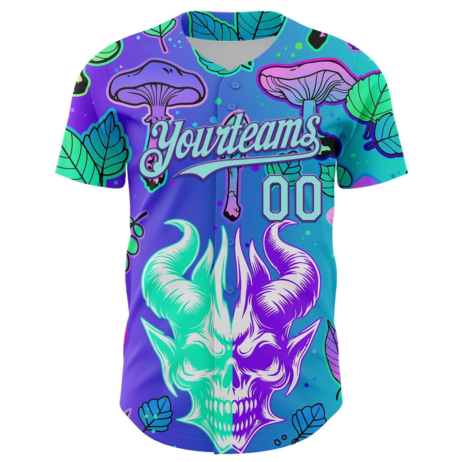 Custom Blue Ice Blue-Purple 3D Pattern Design Trippy Magic Mushrooms Demon Skull Authentic Baseball Jersey baseball jersey product view 2