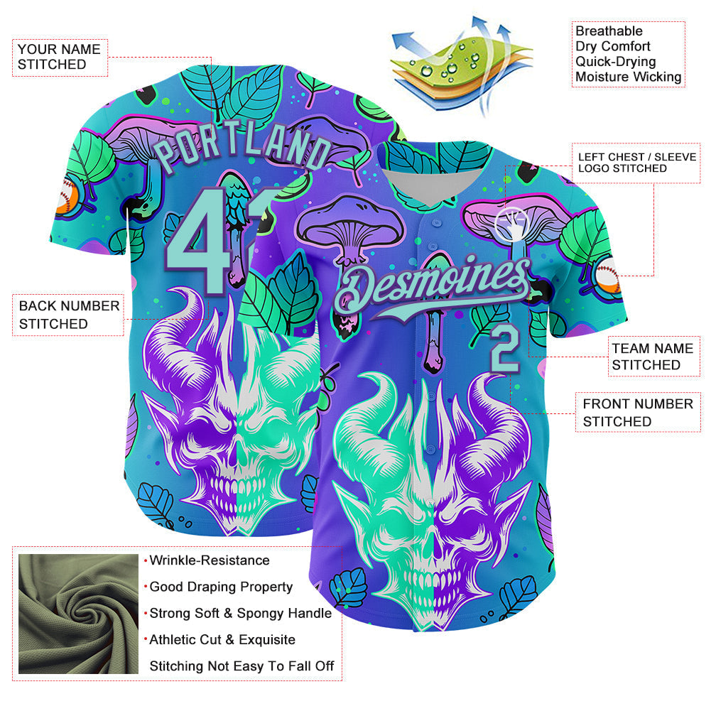 Custom Blue Ice Blue-Purple 3D Pattern Design Trippy Magic Mushrooms Demon Skull Authentic Baseball Jersey baseball jersey product view 3
