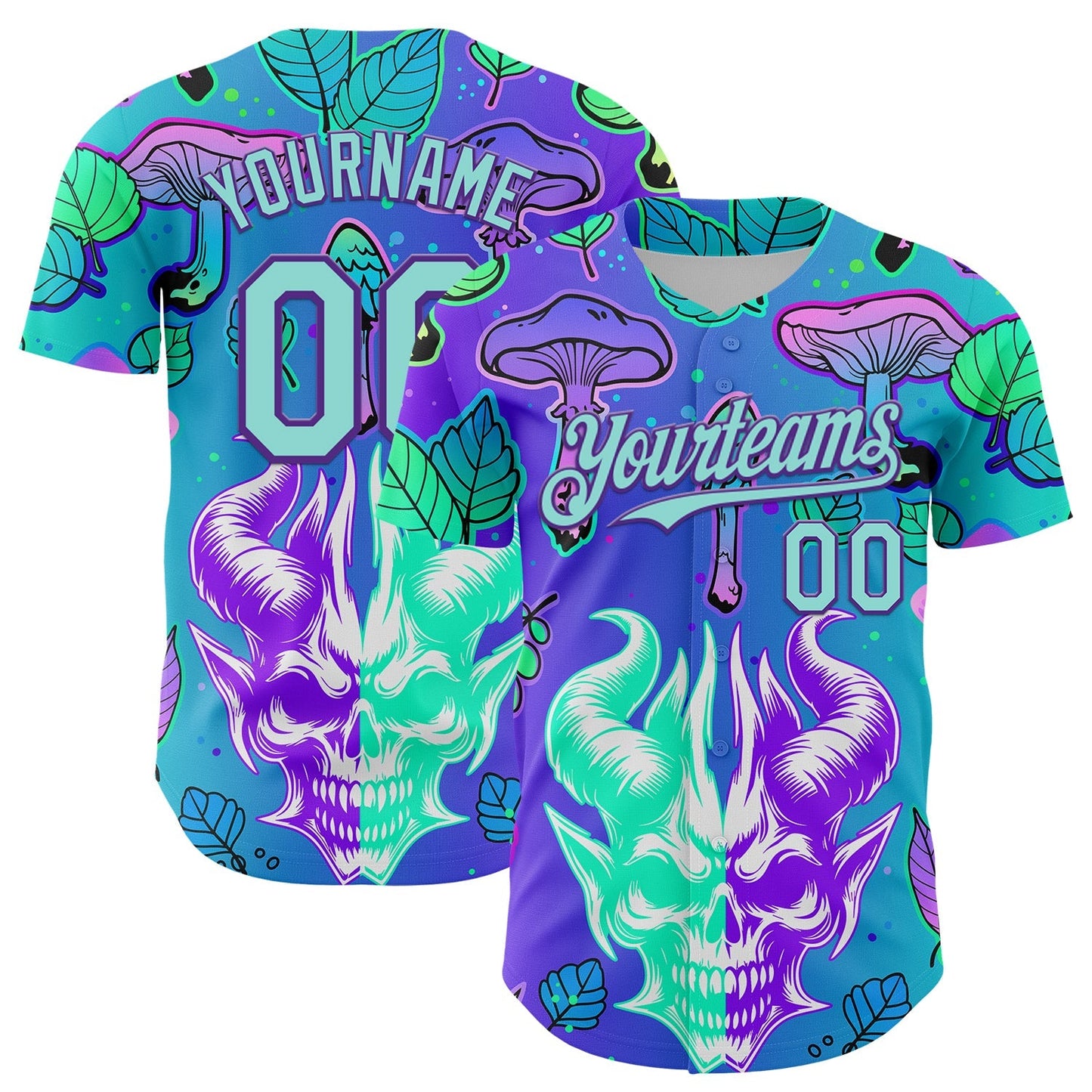 Custom Blue Ice Blue-Purple 3D Pattern Design Trippy Magic Mushrooms Demon Skull Authentic Baseball Jersey baseball jersey product view 1