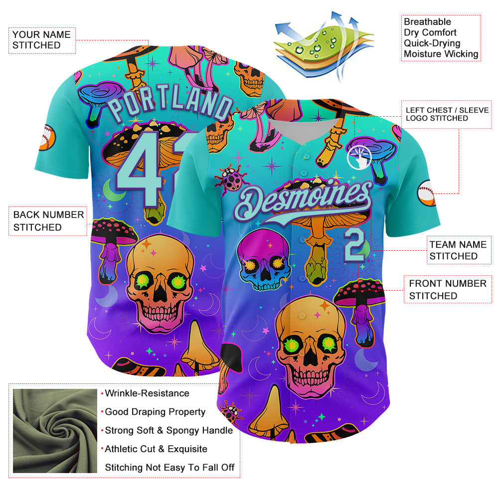 Custom Blue Ice Blue-Purple 3D Pattern Design Trippy Magic Mushrooms Skull Authentic Baseball Jersey baseball jersey product view 3
