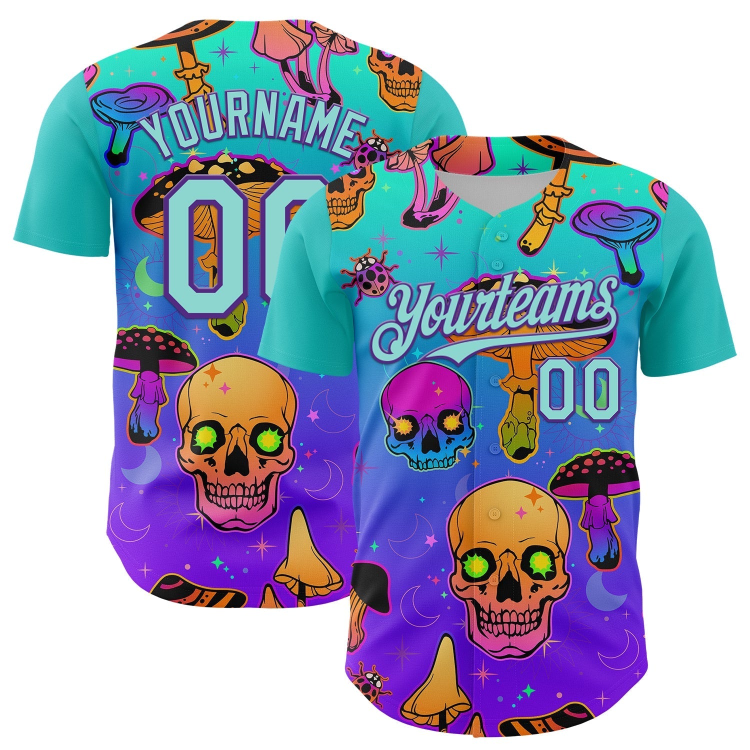 Custom Blue Ice Blue-Purple 3D Pattern Design Trippy Magic Mushrooms Skull Authentic Baseball Jersey baseball jersey product view 1