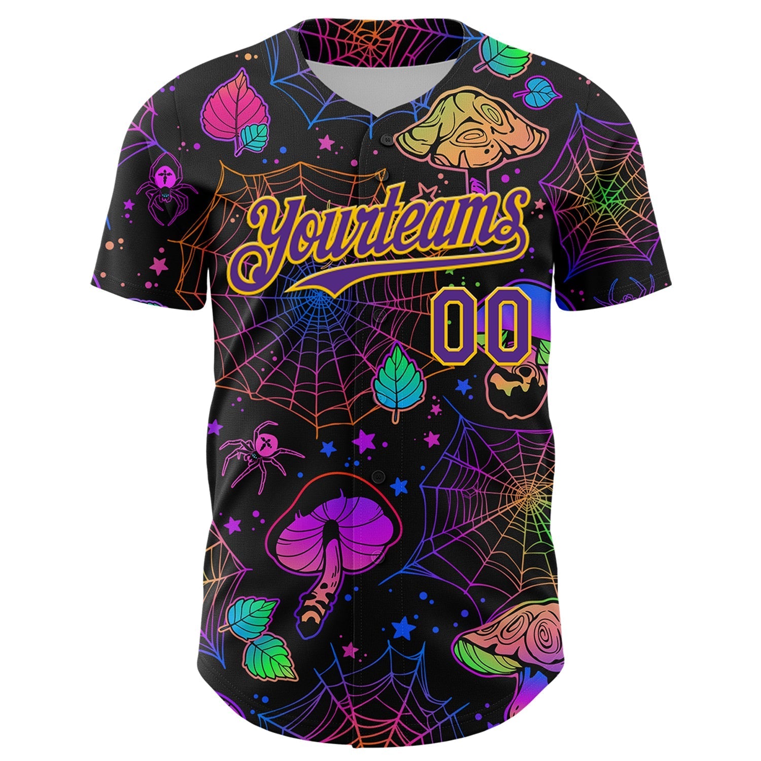 Custom Black Purple-Yellow 3D Pattern Design Trippy Magic Mushrooms Spider Web Authentic Baseball Jersey baseball jersey product view 2