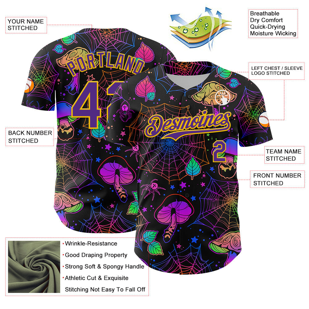 Custom Black Purple-Yellow 3D Pattern Design Trippy Magic Mushrooms Spider Web Authentic Baseball Jersey baseball jersey product view 3