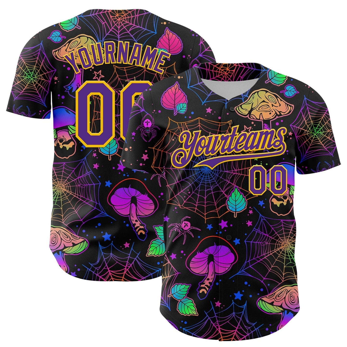 Custom Black Purple-Yellow 3D Pattern Design Trippy Magic Mushrooms Spider Web Authentic Baseball Jersey baseball jersey product view 1