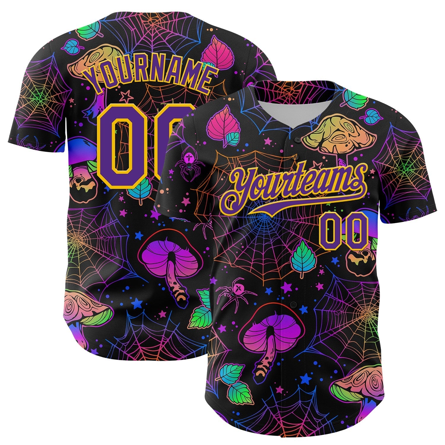 Custom Black Purple-Yellow 3D Pattern Design Trippy Magic Mushrooms Spider Web Authentic Baseball Jersey baseball jersey product view 1