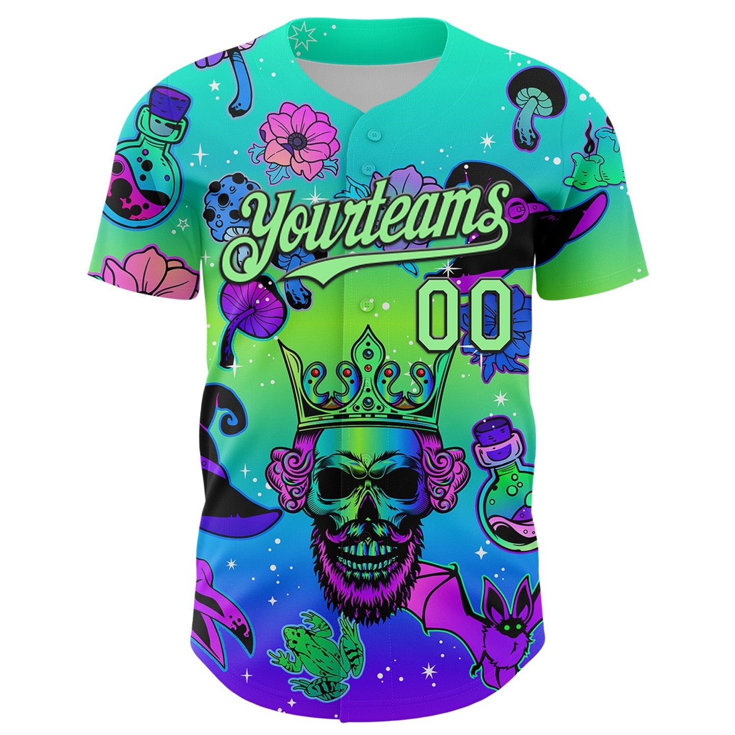 Custom Blue Pea Green-Black 3D Pattern Design Trippy Magic Mushrooms Skull Authentic Baseball Jersey baseball jersey product view 2
