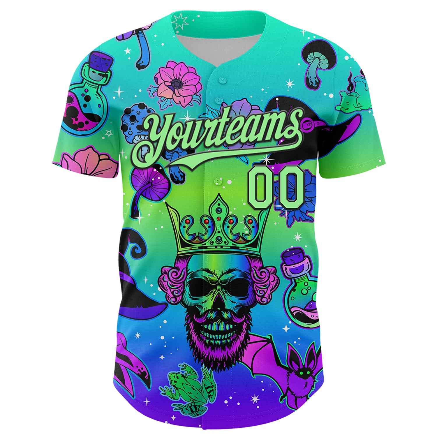 Custom Blue Pea Green-Black 3D Pattern Design Trippy Magic Mushrooms Skull Authentic Baseball Jersey baseball jersey product view 2