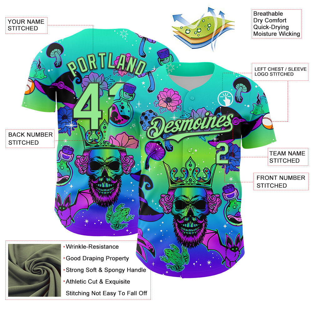 Custom Blue Pea Green-Black 3D Pattern Design Trippy Magic Mushrooms Skull Authentic Baseball Jersey baseball jersey product view 3