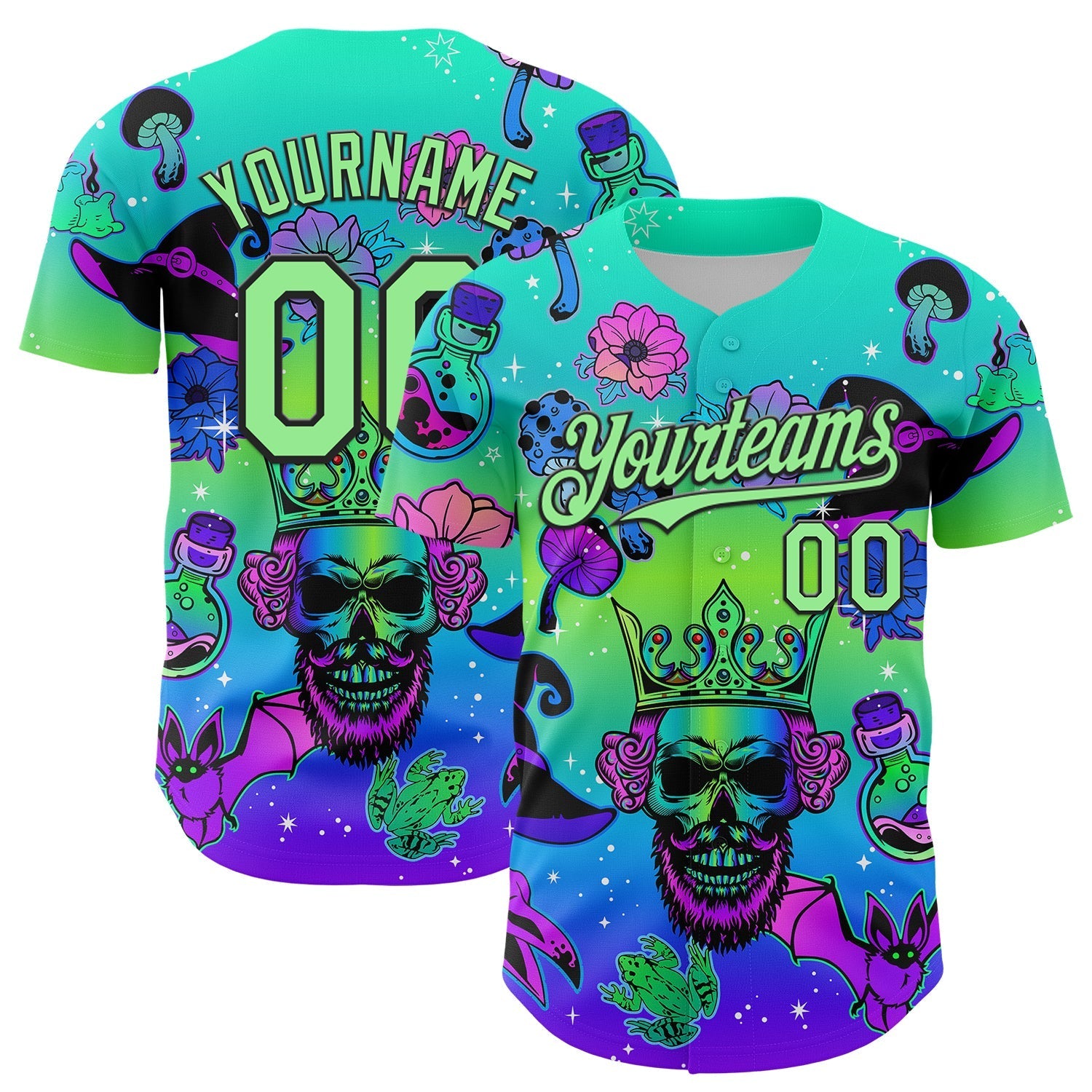 Custom Blue Pea Green-Black 3D Pattern Design Trippy Magic Mushrooms Skull Authentic Baseball Jersey baseball jersey product view 1