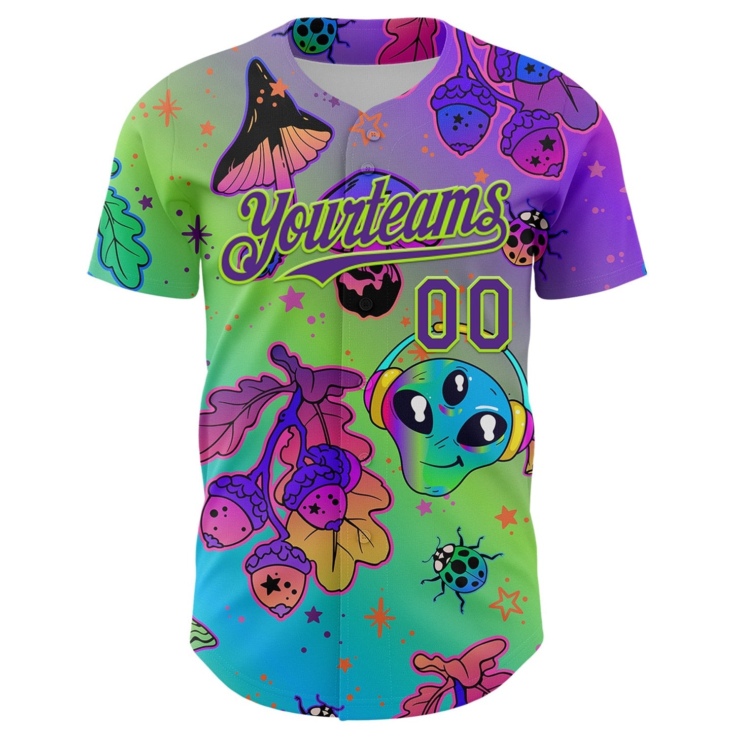 Custom Purple Neon Green 3D Pattern Design Trippy Magic Mushrooms Alien Authentic Baseball Jersey baseball jersey product view 2