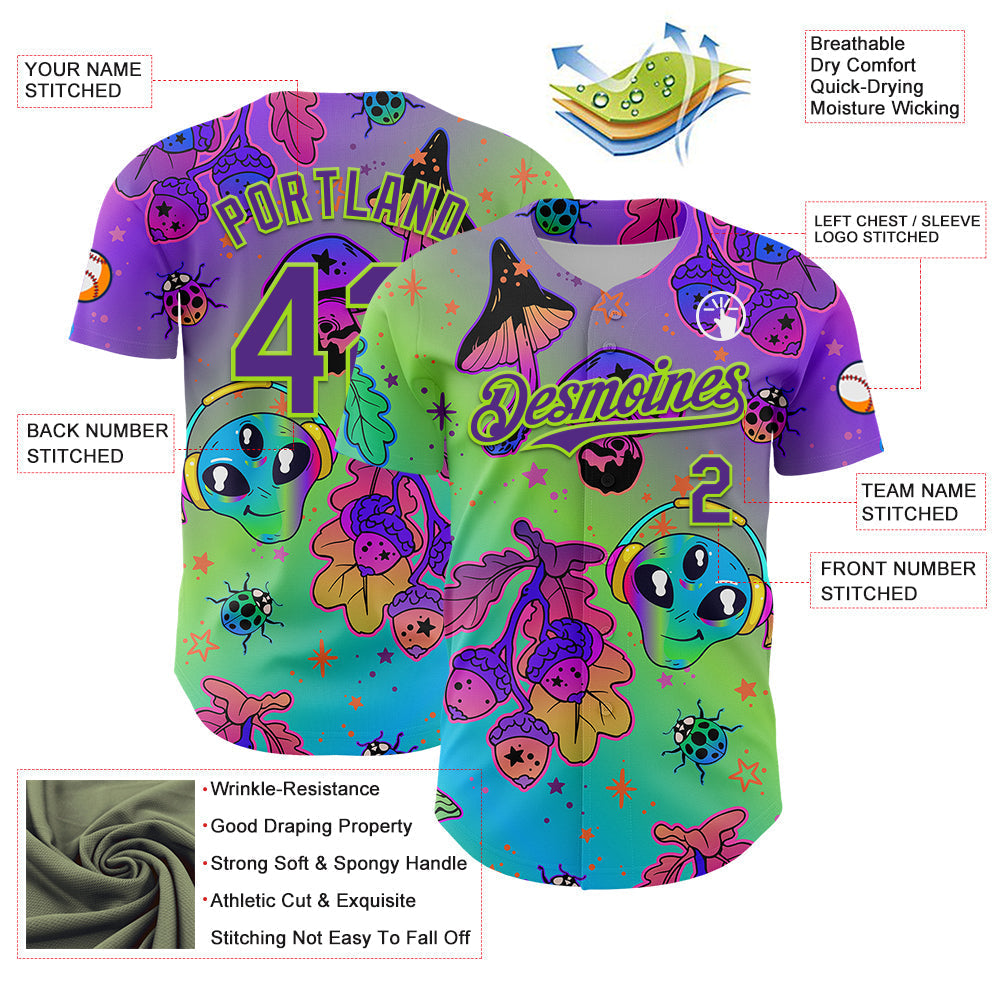 Custom Purple Neon Green 3D Pattern Design Trippy Magic Mushrooms Alien Authentic Baseball Jersey baseball jersey product view 3