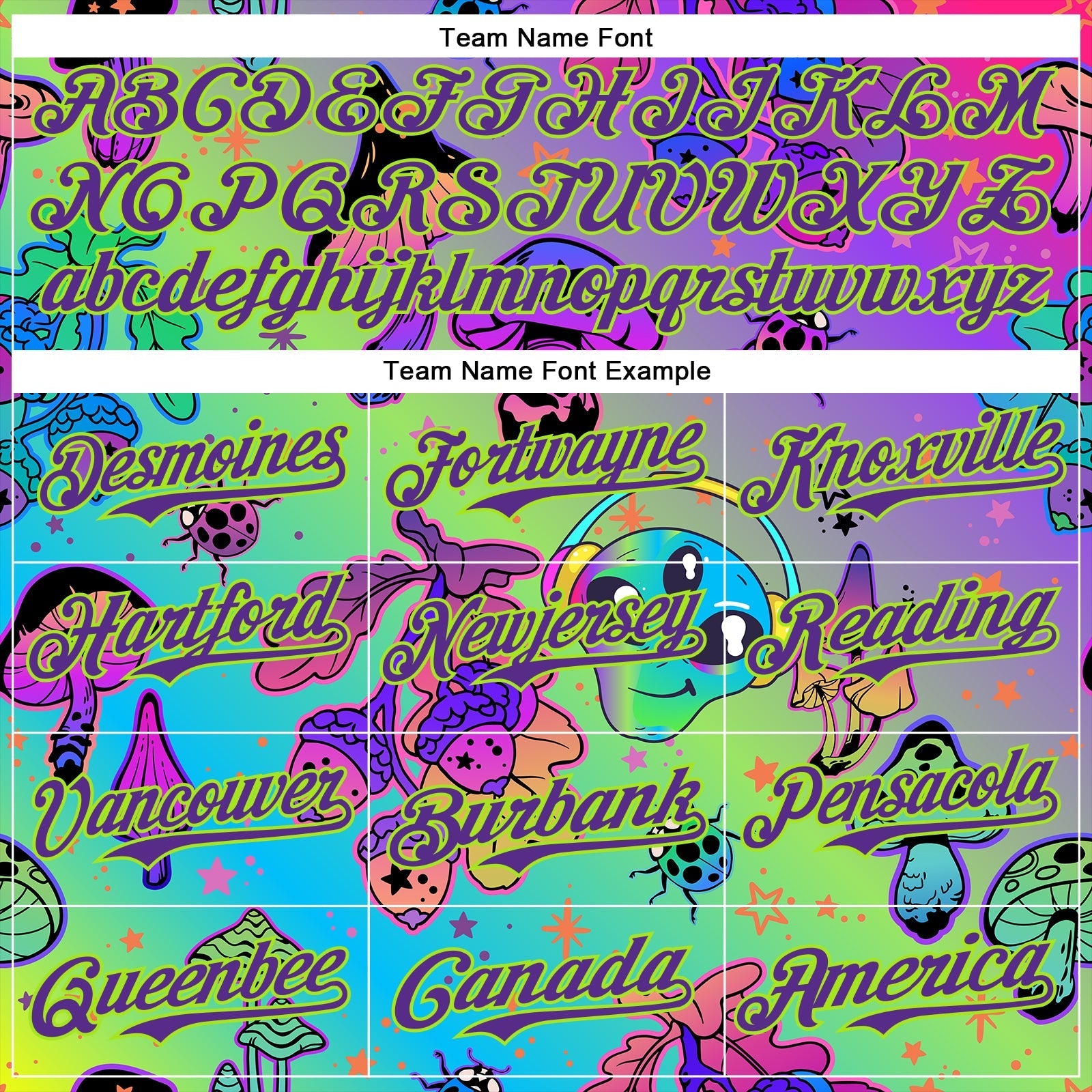 Custom Purple Neon Green 3D Pattern Design Trippy Magic Mushrooms Alien Authentic Baseball Jersey baseball jersey product view 4