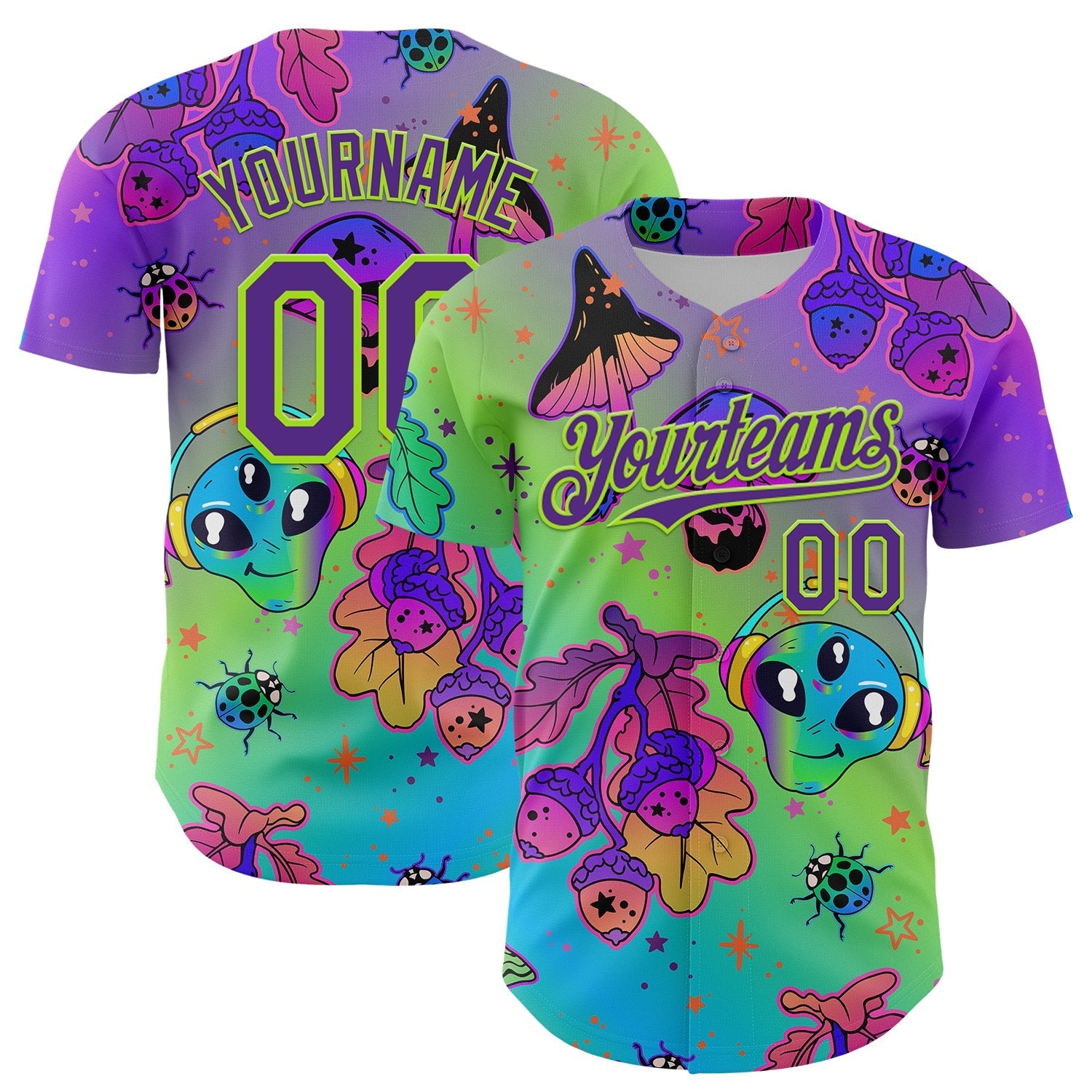Custom Purple Neon Green 3D Pattern Design Trippy Magic Mushrooms Alien Authentic Baseball Jersey baseball jersey product view 1