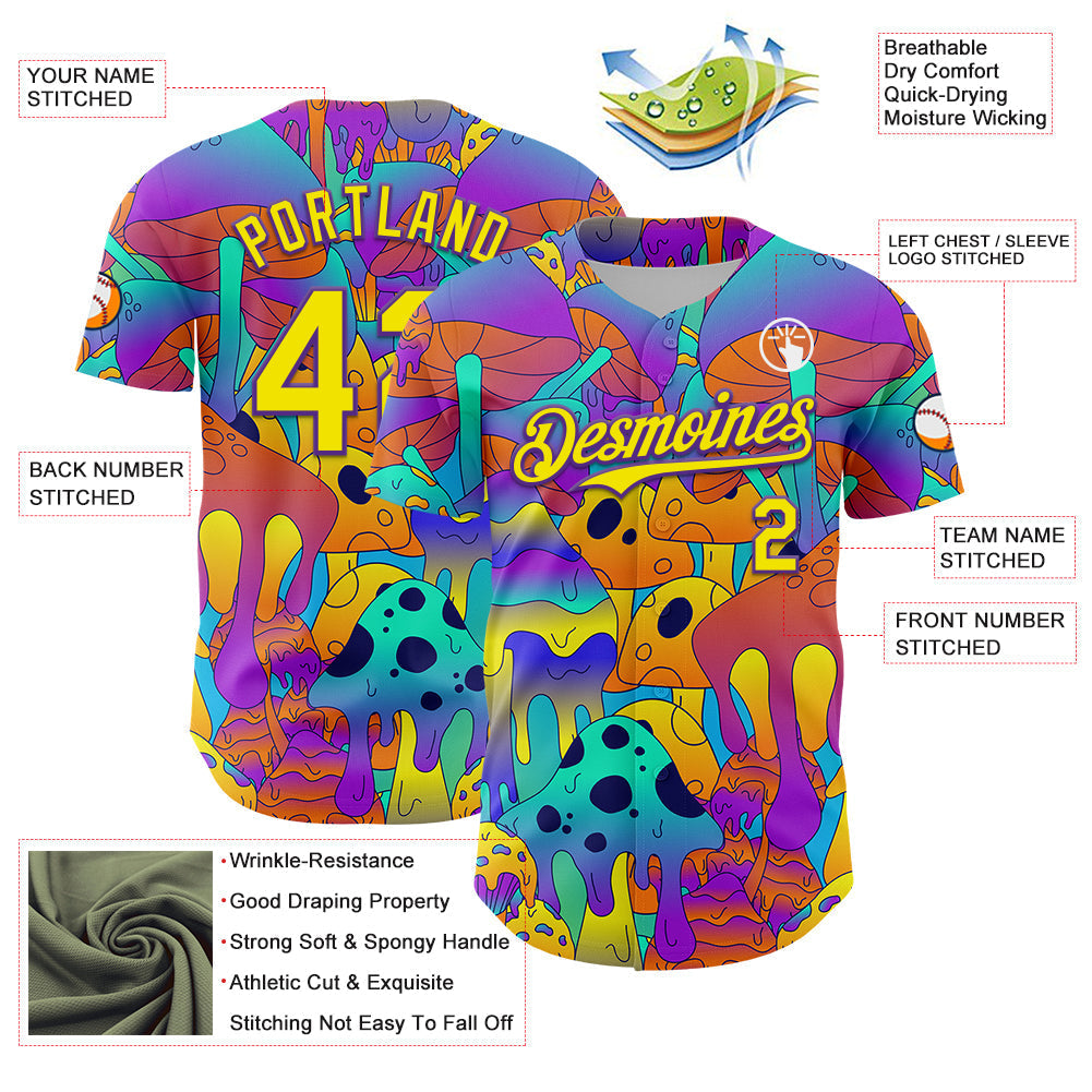 Custom Purple Light Yellow 3D Pattern Design Trippy Magic Mushrooms Trance Authentic Baseball Jersey baseball jersey product view 3