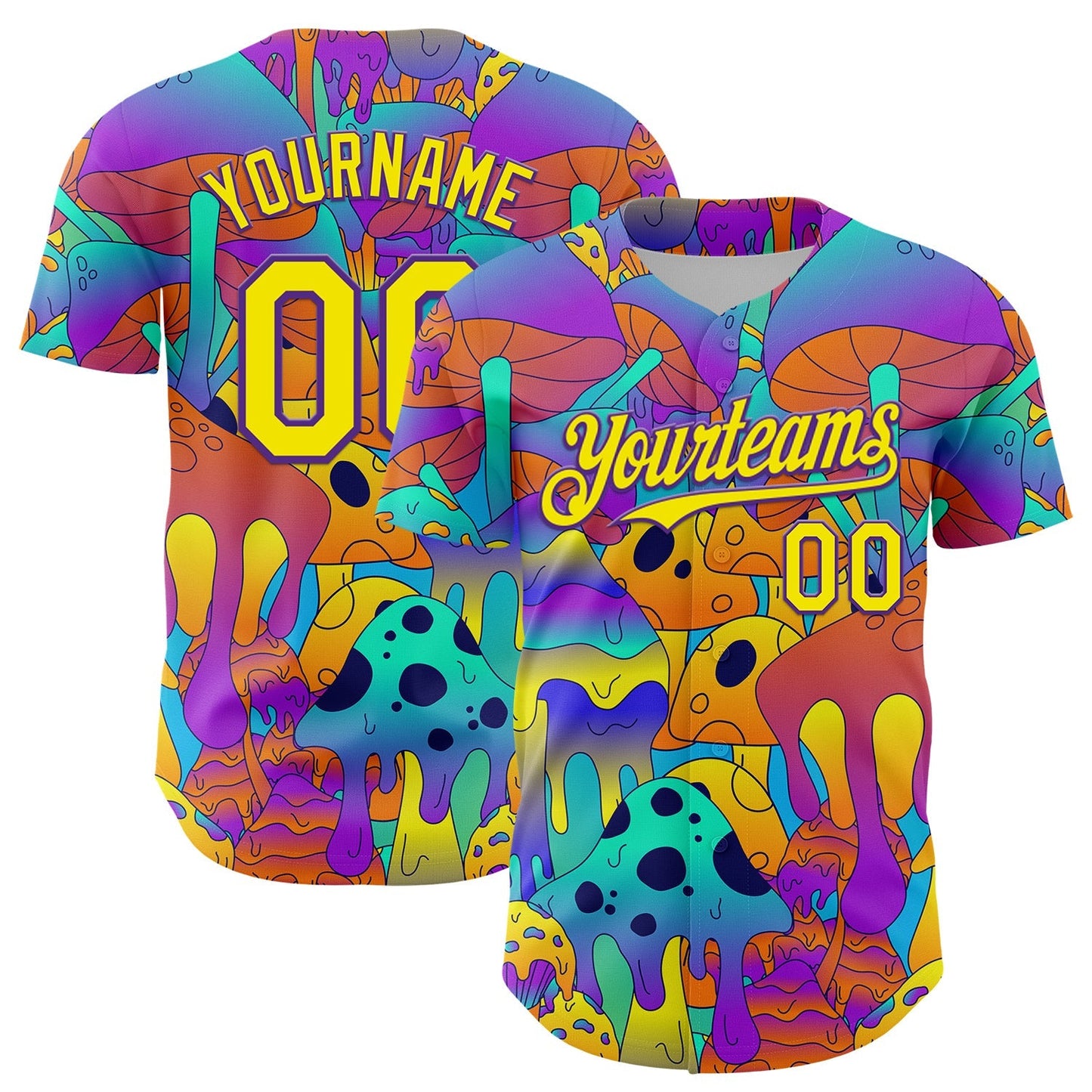 Custom Purple Light Yellow 3D Pattern Design Trippy Magic Mushrooms Trance Authentic Baseball Jersey baseball jersey product view 1