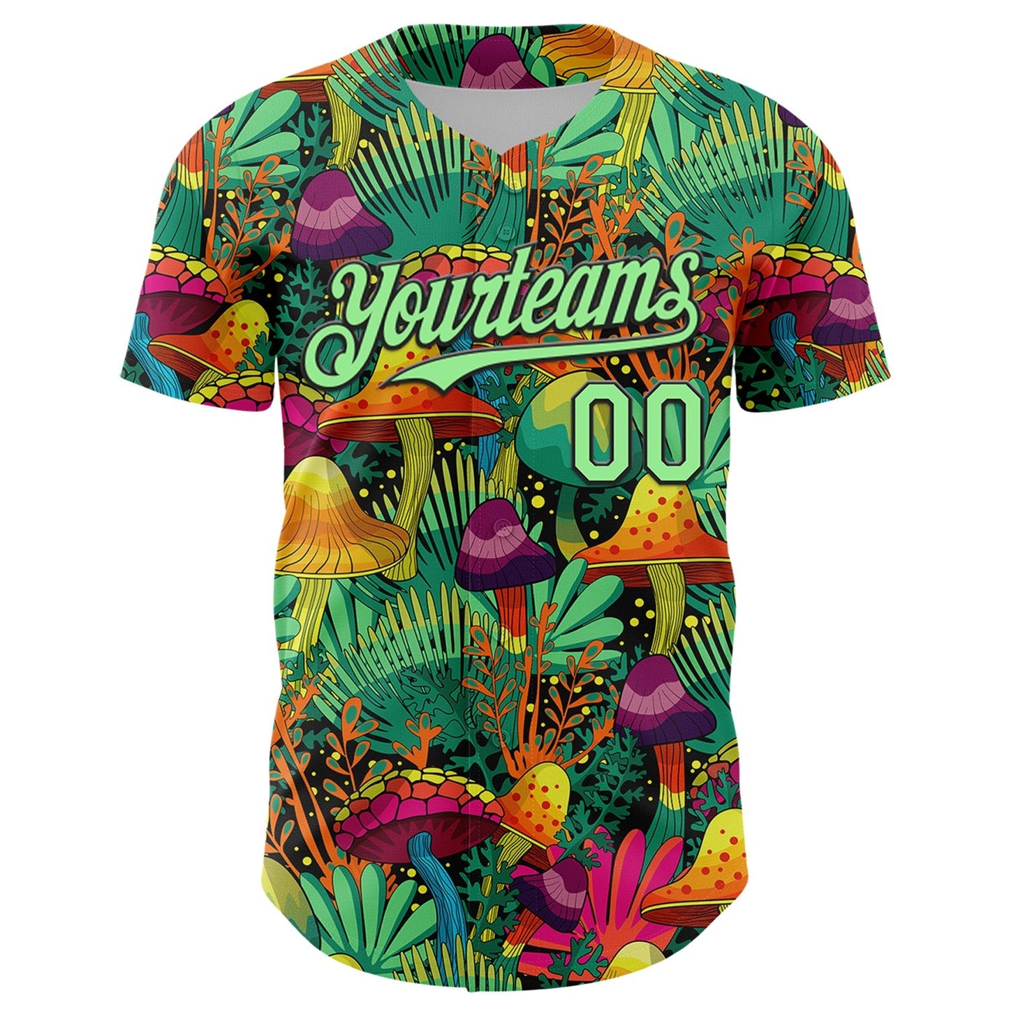 Custom Green Pea Green-Black 3D Pattern Design Trippy Magic Mushrooms Plant Authentic Baseball Jersey baseball jersey product view 2