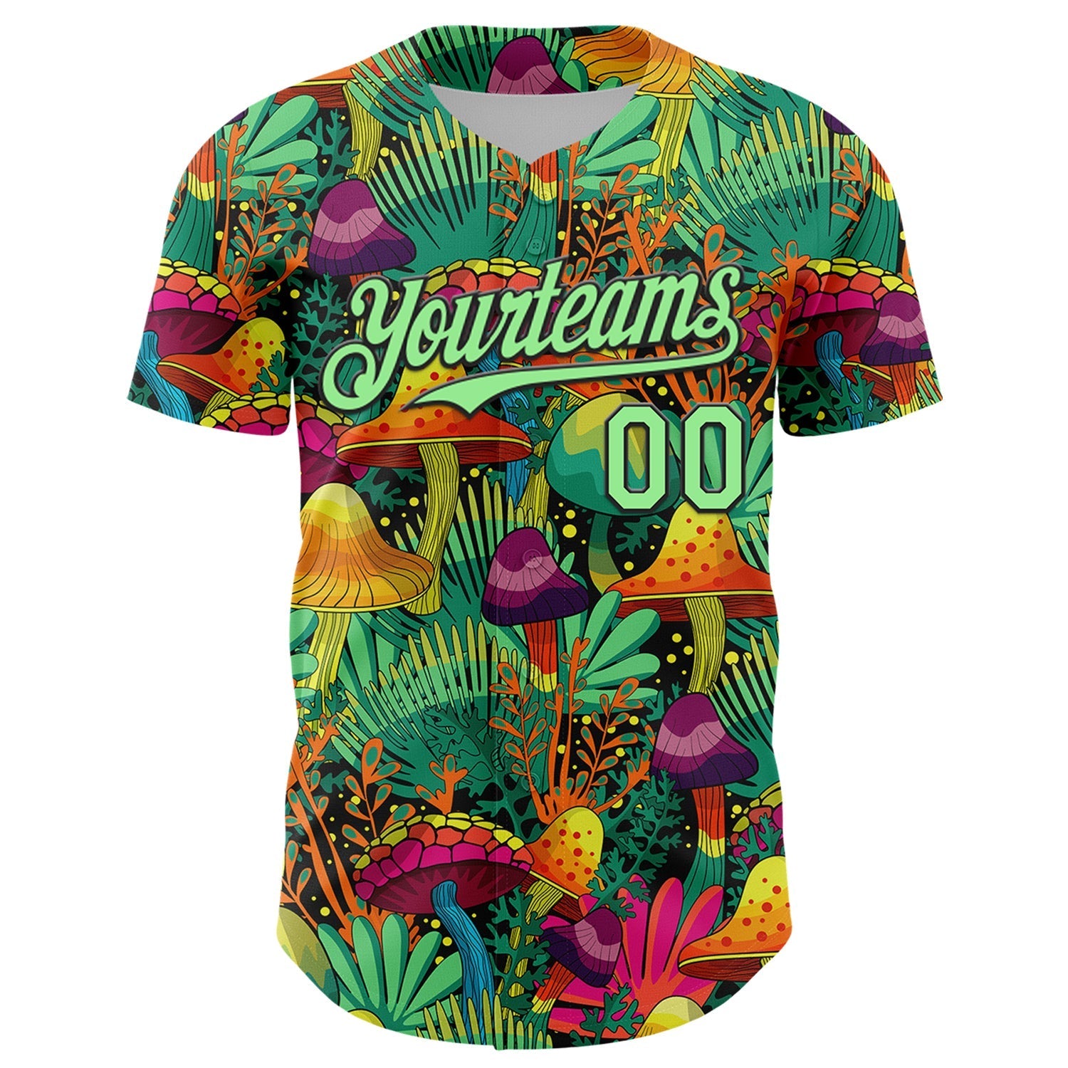 Custom Green Pea Green-Black 3D Pattern Design Trippy Magic Mushrooms Plant Authentic Baseball Jersey baseball jersey product view 2