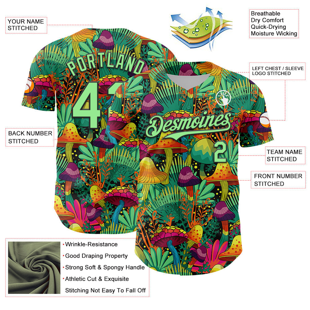 Custom Green Pea Green-Black 3D Pattern Design Trippy Magic Mushrooms Plant Authentic Baseball Jersey baseball jersey product view 3