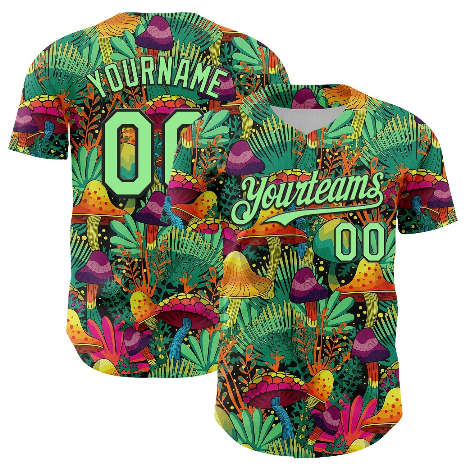 Custom Green Pea Green-Black 3D Pattern Design Trippy Magic Mushrooms Plant Authentic Baseball Jersey baseball jersey product view 1