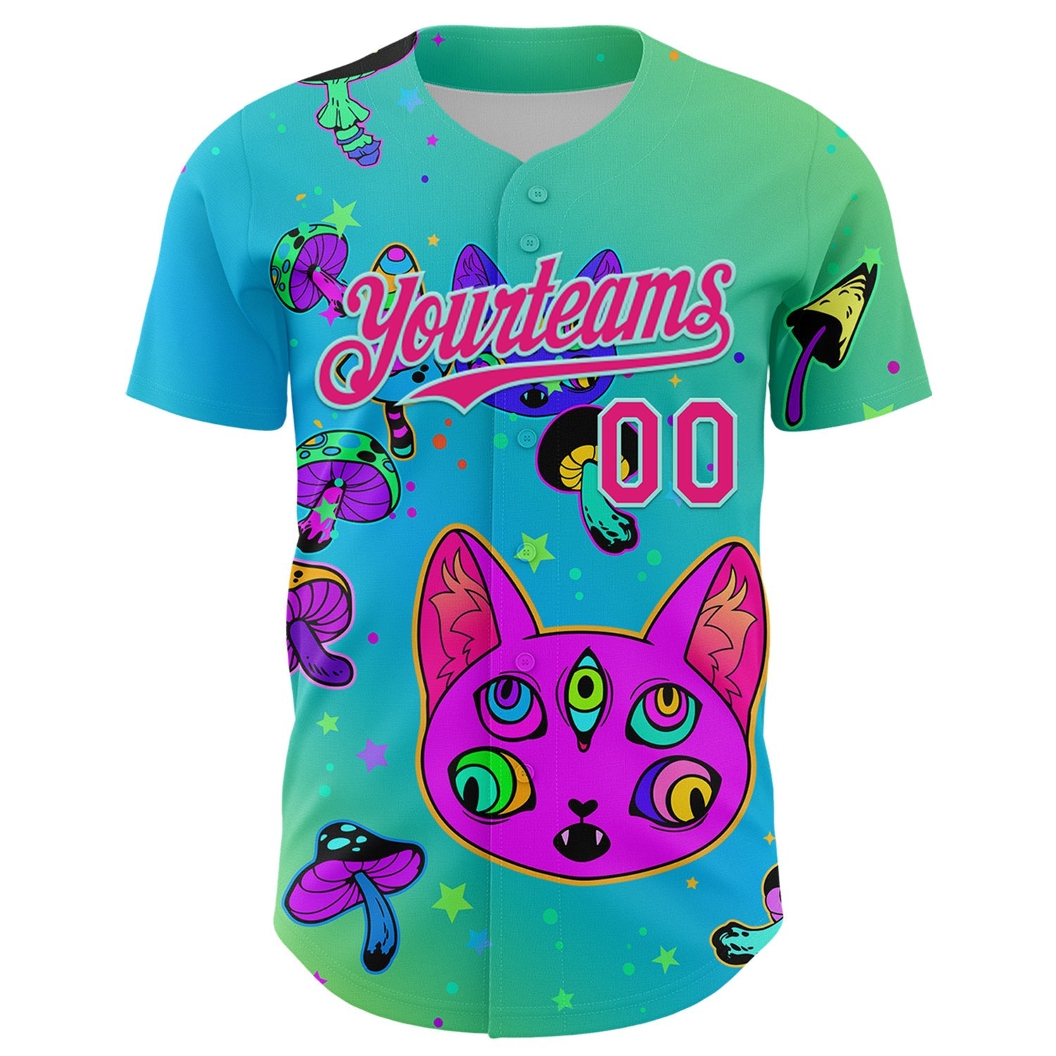 Custom Green Hot Pink-Ice Blue 3D Pattern Design Trippy Magic Mushrooms Cats Authentic Baseball Jersey baseball jersey product view 2
