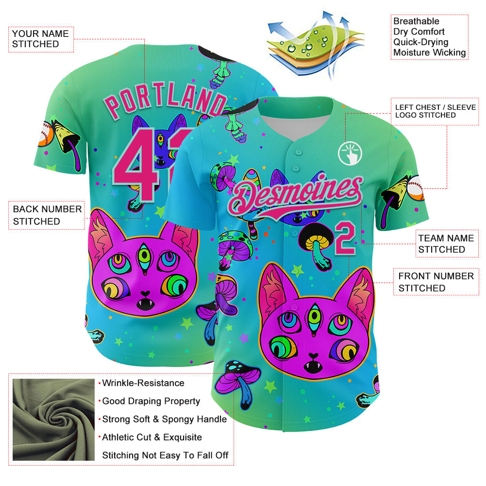 Custom Green Hot Pink-Ice Blue 3D Pattern Design Trippy Magic Mushrooms Cats Authentic Baseball Jersey baseball jersey product view 3