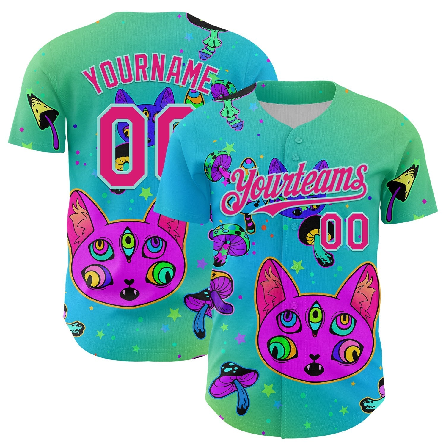 Custom Green Hot Pink-Ice Blue 3D Pattern Design Trippy Magic Mushrooms Cats Authentic Baseball Jersey baseball jersey product view 1