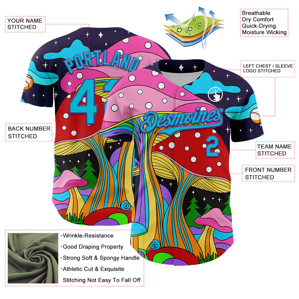 Custom Navy Lakes Blue-Purple 3D Pattern Design Trippy Psychedelic Magic Mushrooms Authentic Baseball Jersey baseball jersey product view 3
