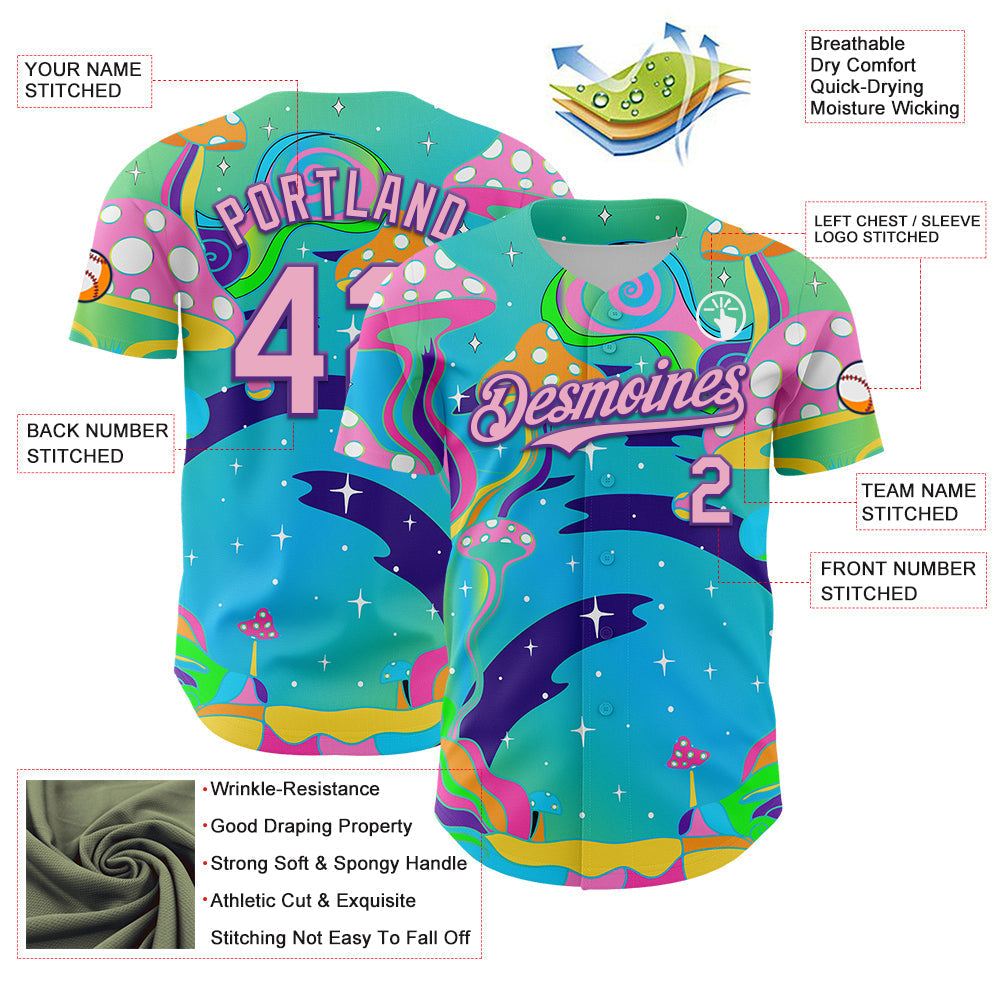 Custom Navy Light Pink-Purple 3D Pattern Design Trippy Psychedelic Magic Mushrooms Authentic Baseball Jersey baseball jersey product view 3